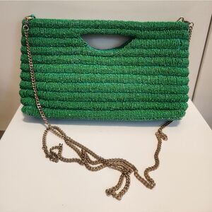 NEW Antique Kraft Green Glass Beaded Clutch/Shoulder Bag w/Gold Chain Ret.$125